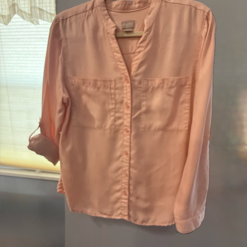 Chicos Button shirt, V neck down long sleeve. Color Peach 
 Size 1P
Pre Owened